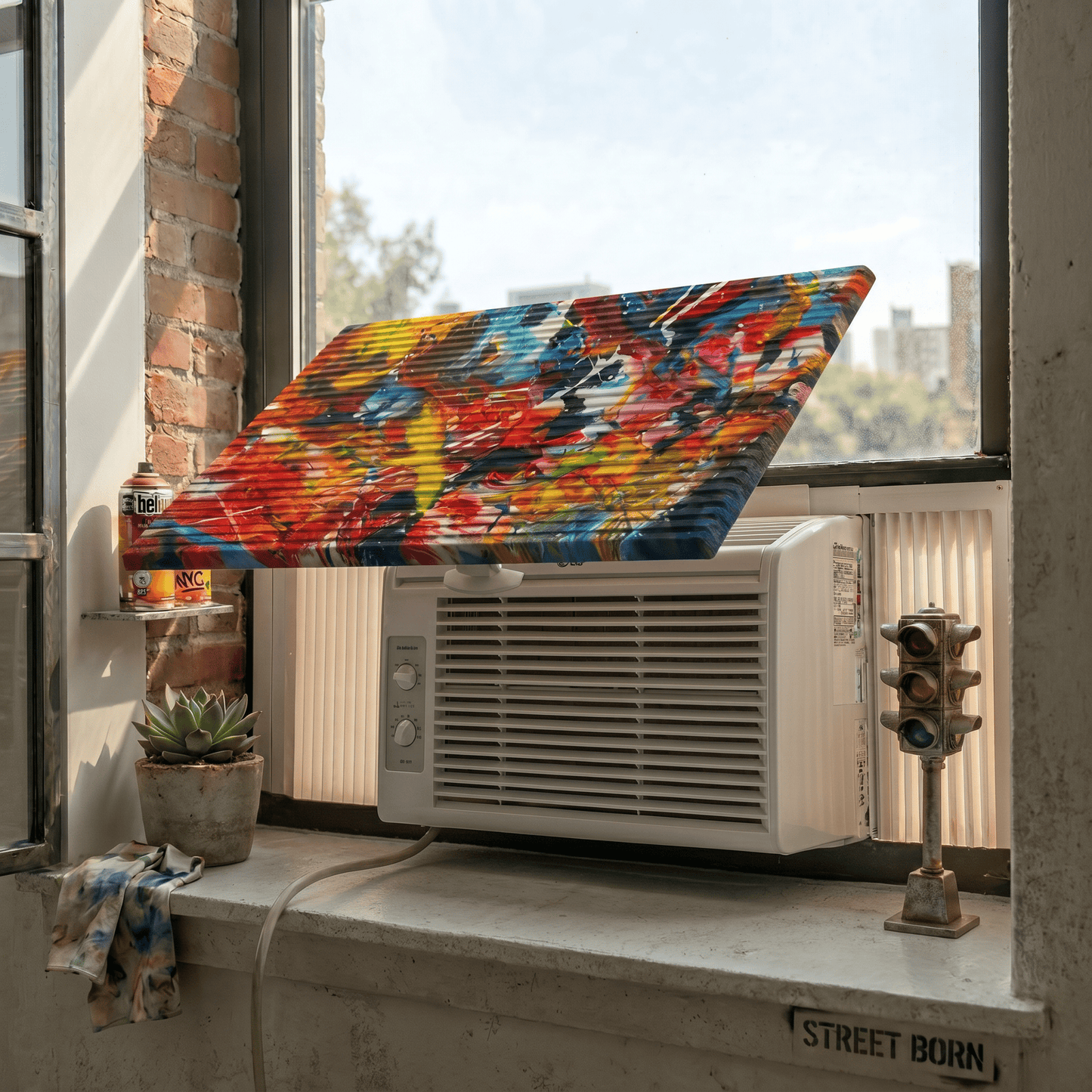 Pretty AC Graffiti decorative air conditioner cover installed on window [pretty:graffiti]